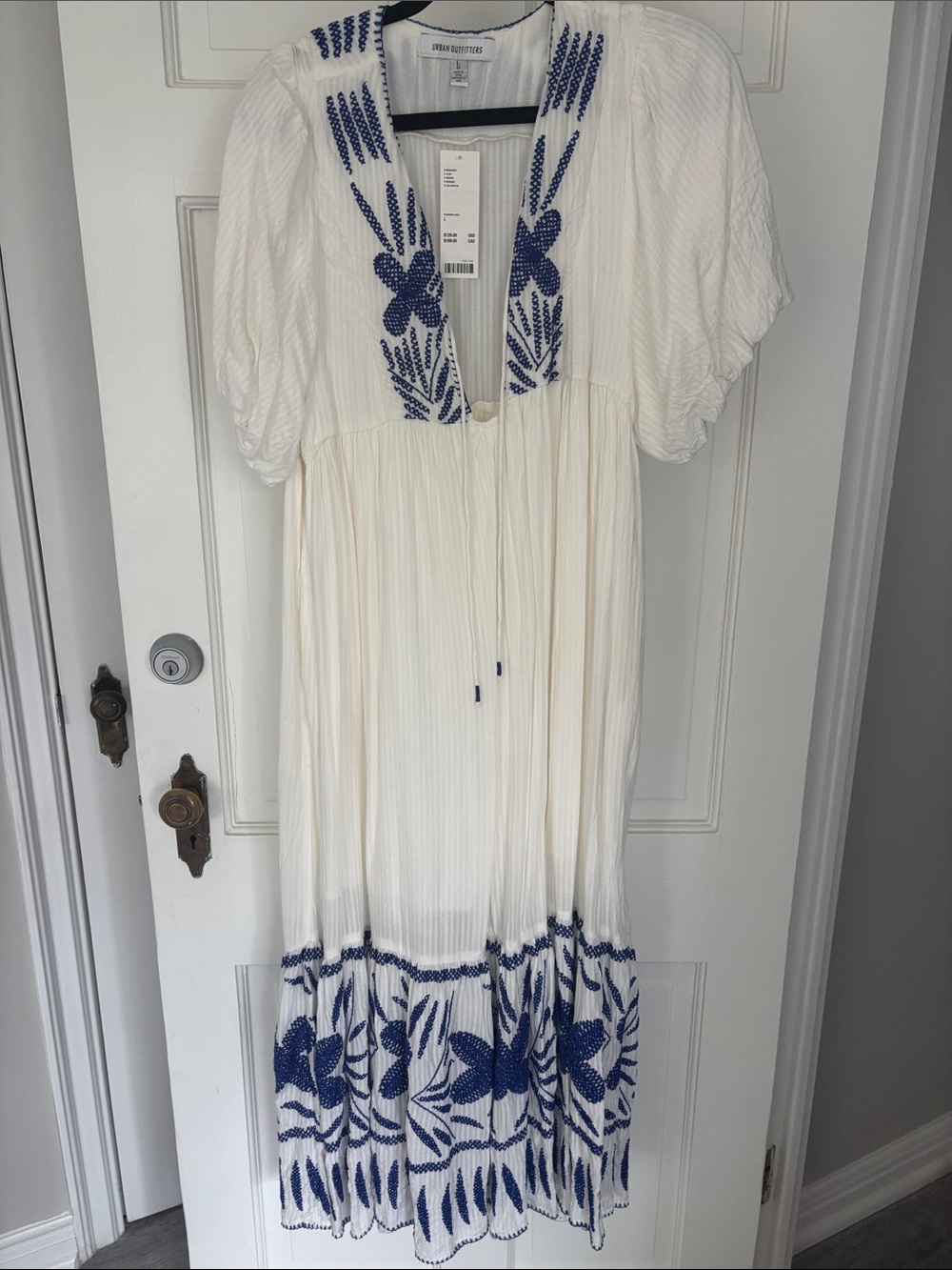 Urban Outfitters Cream Maxi Dress with Blue Embroidery